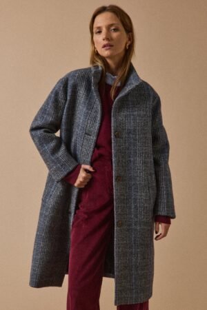 Women's check wool cloth coat with high neckline