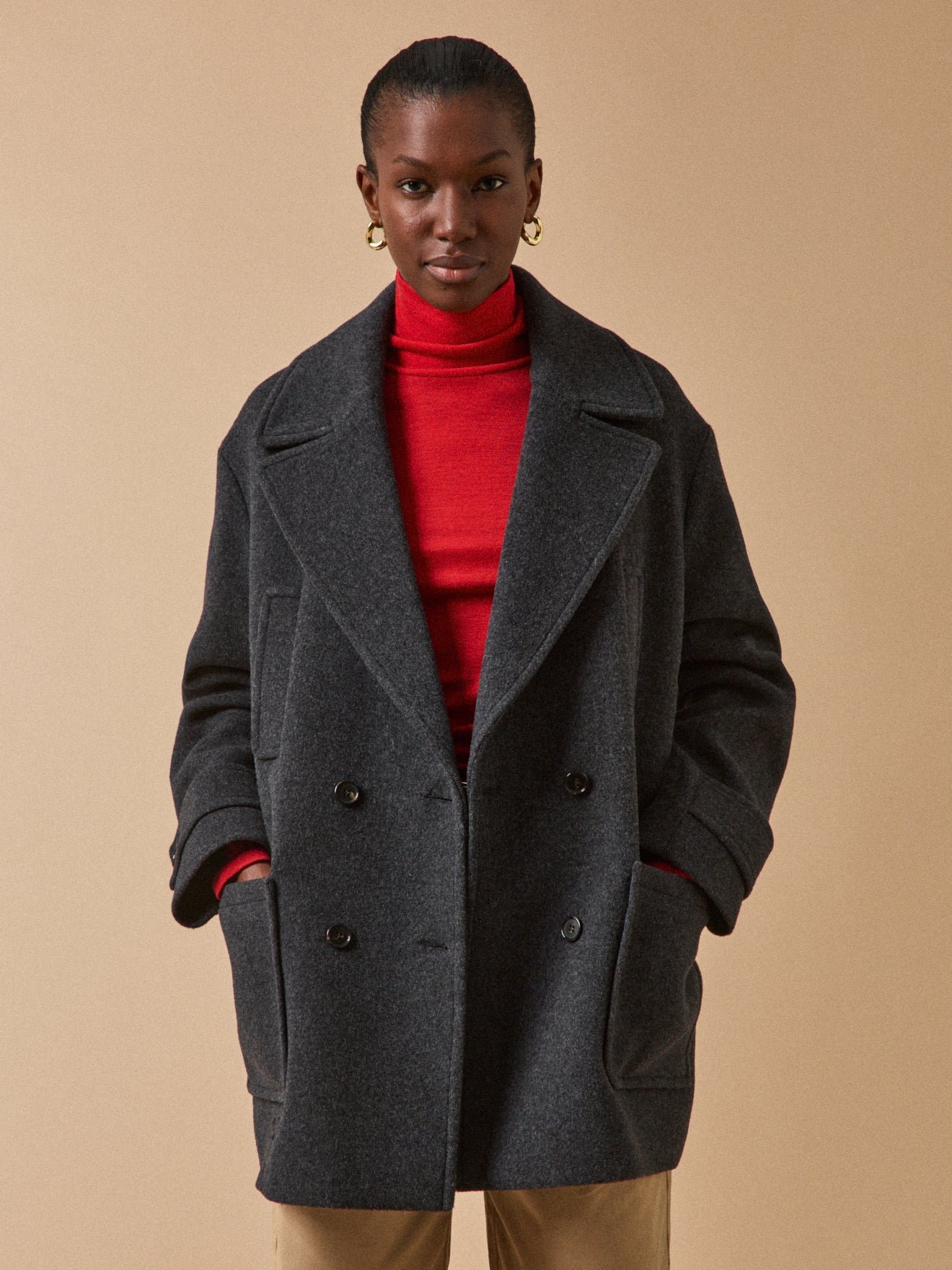 Women's plain woolen pea coat